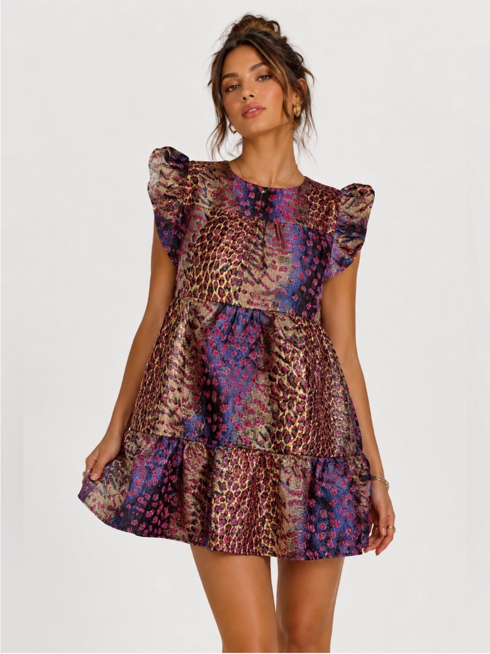 THML Metallic Wildcat Mini Flutter Sleeve Dress